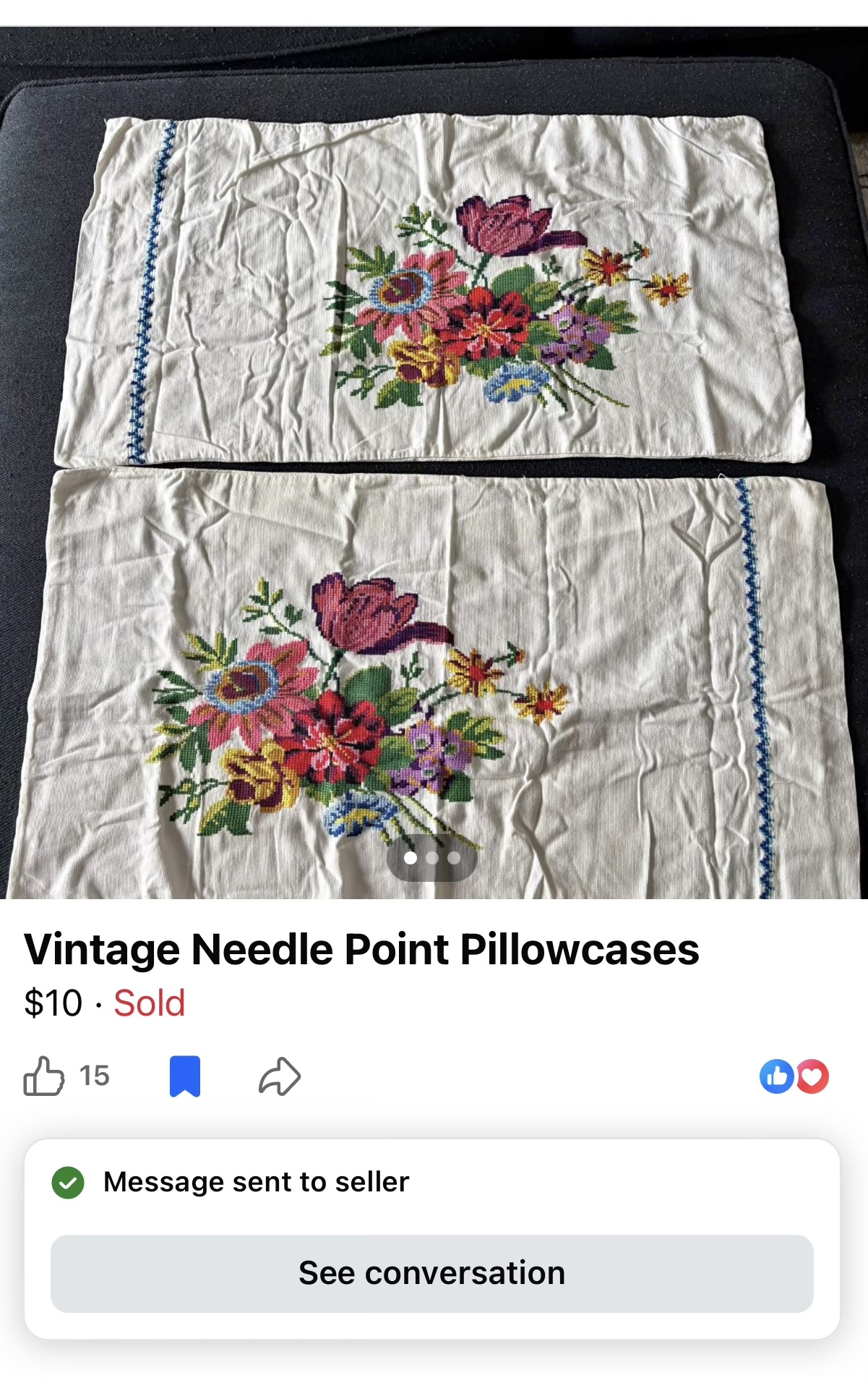 The Facebook Marketplace listing for the vintage needlepoint pillowcases, priced at ten dollars